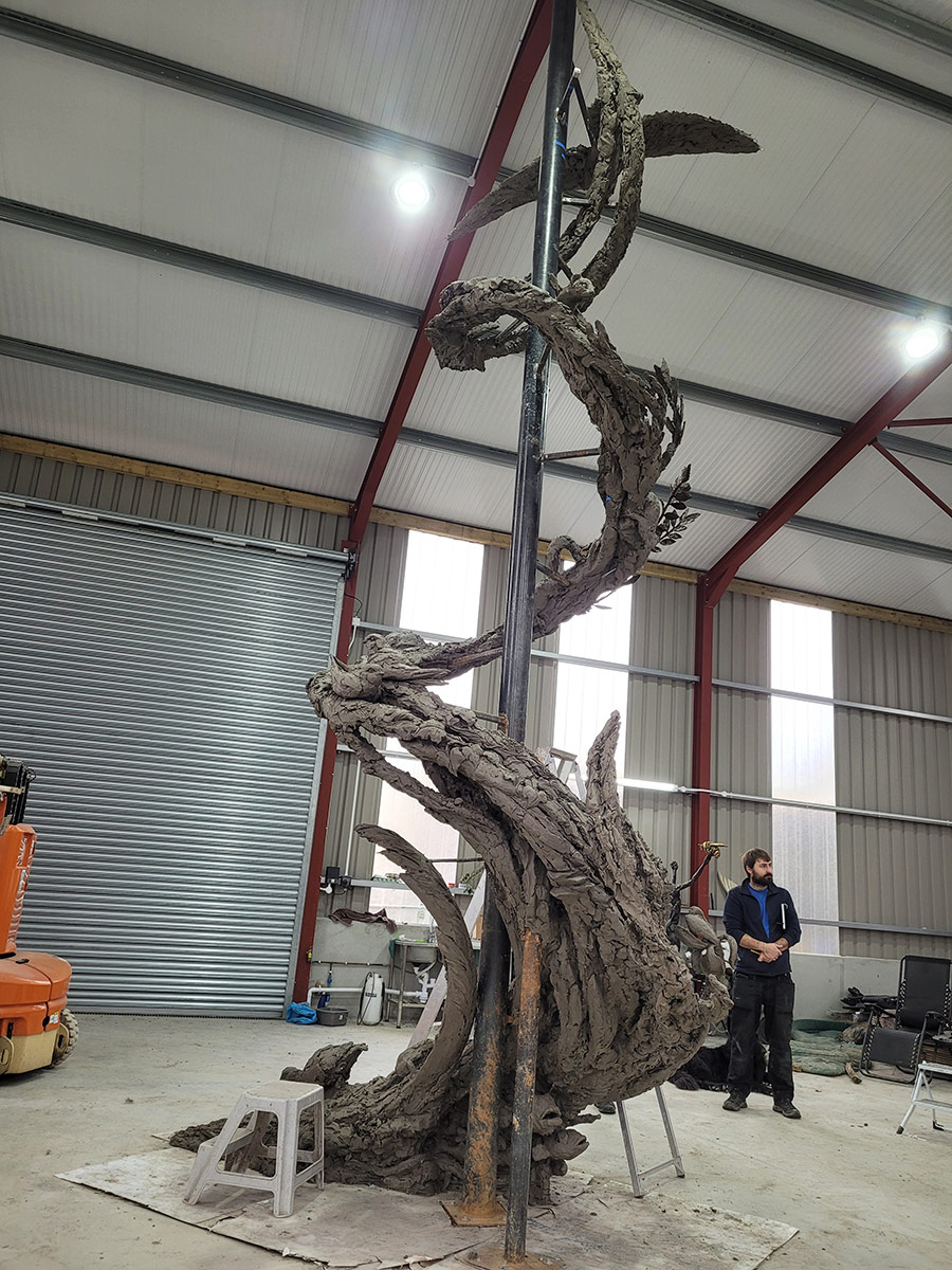 12 meter Spiral clay tree animal sculpture Carmarthenshire wales
